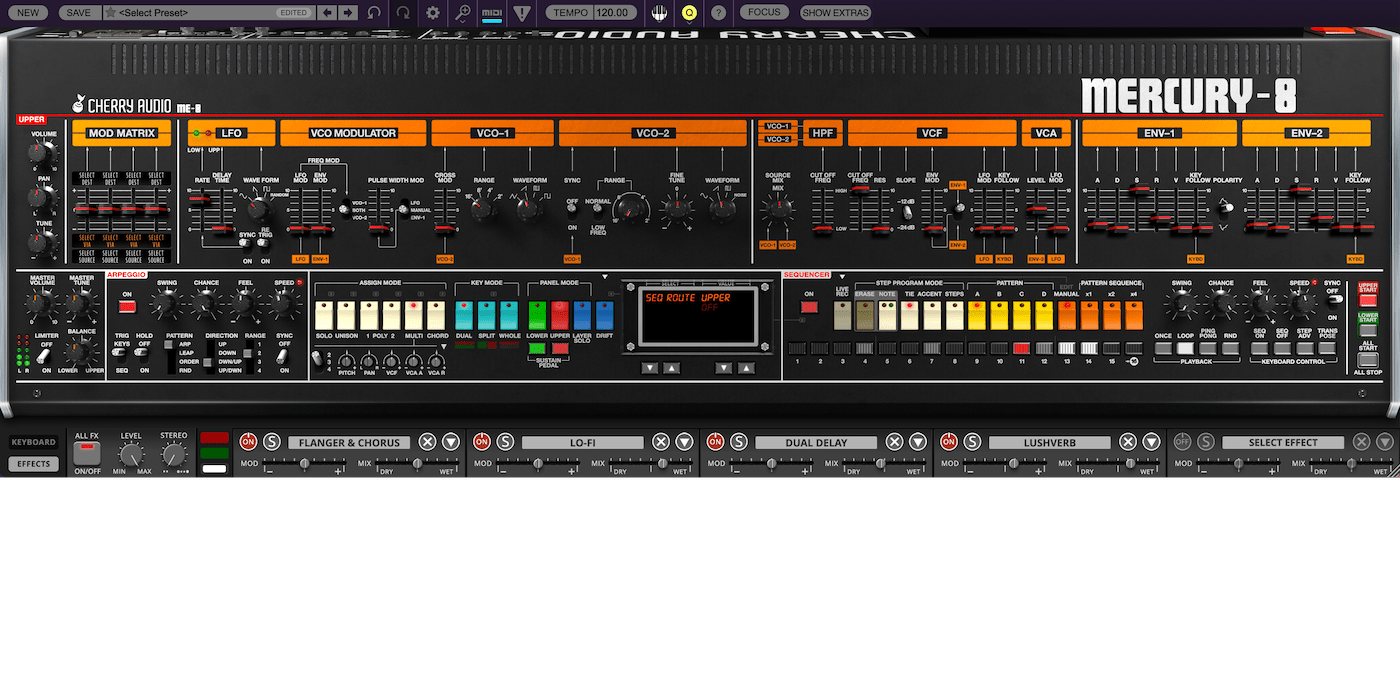 Cherry Audio Mercury-8 Synthesizer - Jupiter-8 JP-8 Virtual Instrument Emulation - Hide Extras Minimize Keyboard